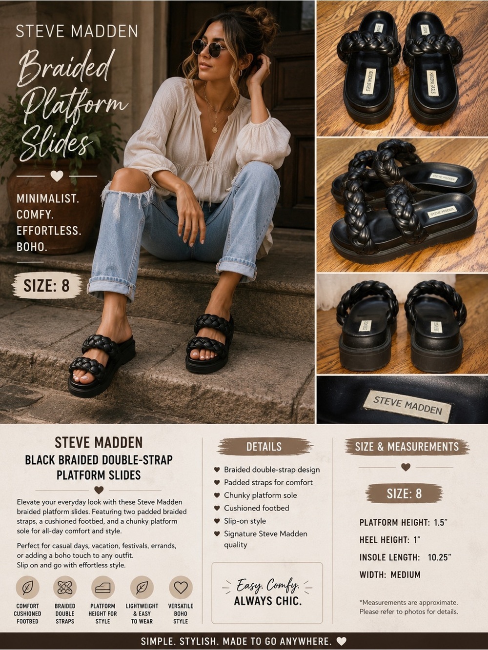 Steve Madden Women’s Braided Double Strap Platform Slides Sandals Black Size 8